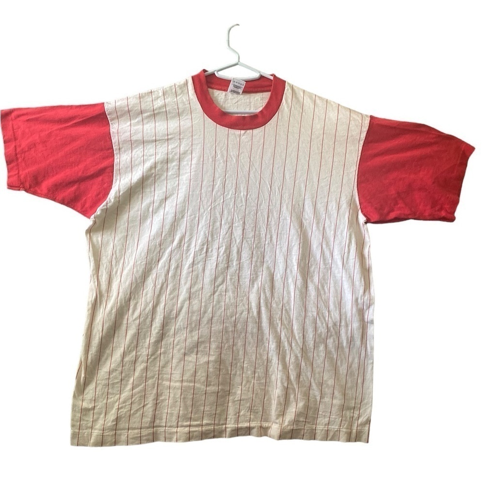 Vintage 90s Fruit of the loom single stitch striped Red  shirt USA made grunge